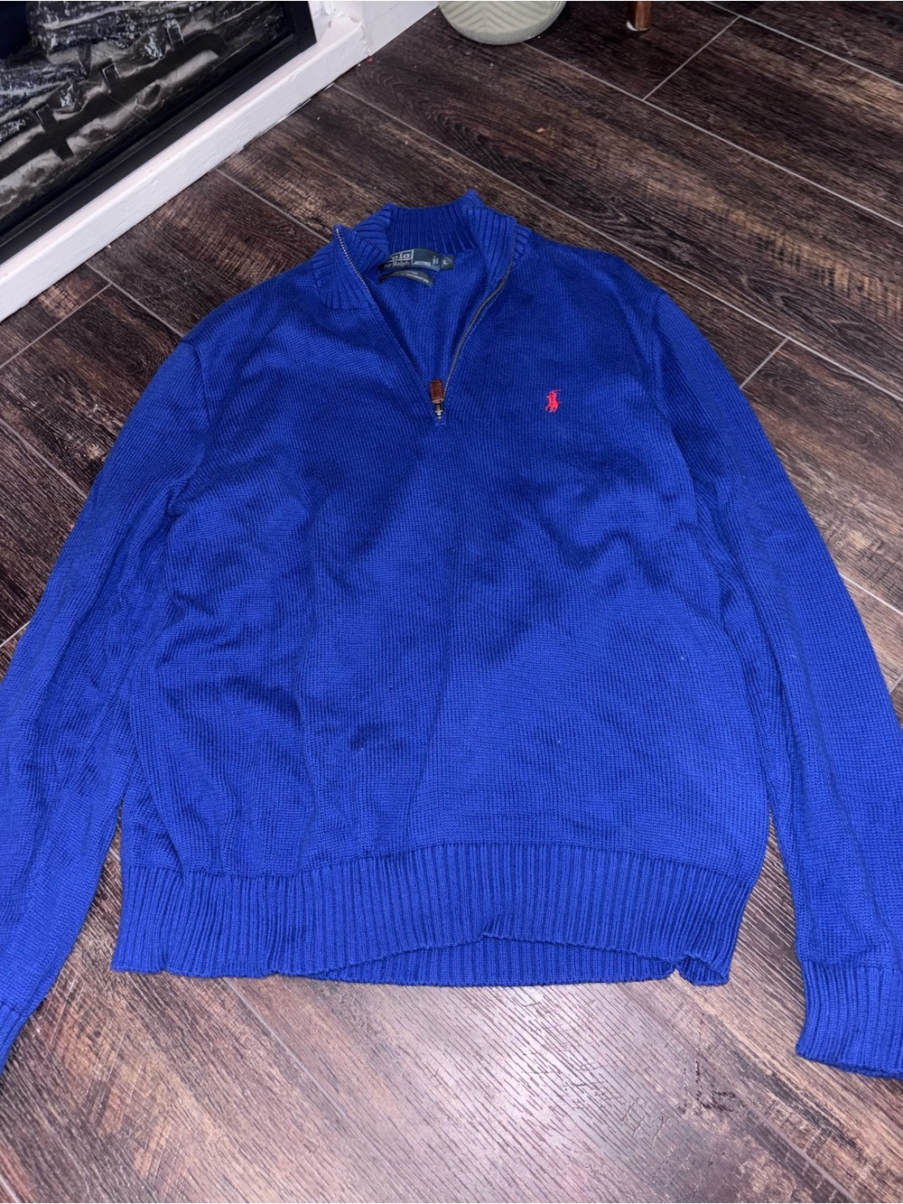 Ralph Lauren Men’s Royal Blue Quarter-Zip Cotton Sweater with Red Polo Logo